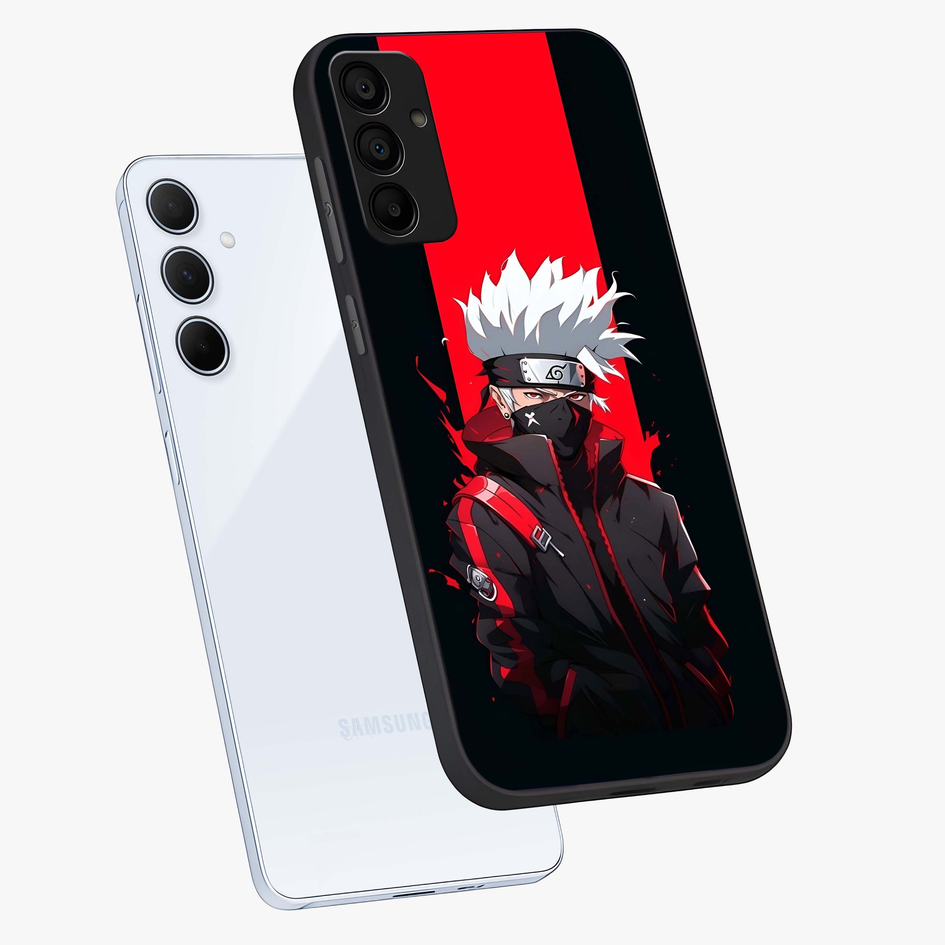 Kakashi Scarlet Shadow Glass Case displayed in angled mockup highlighting dramatic ninja illustration with scarlet themed aesthetic.