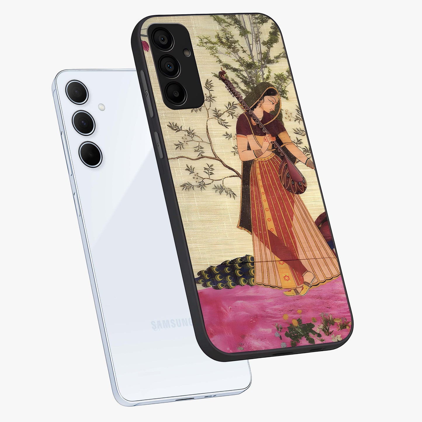 Lady With Veena Art Glass Case displayed in angled mockup highlighting graceful musical illustration with cultural artistic aesthetic.