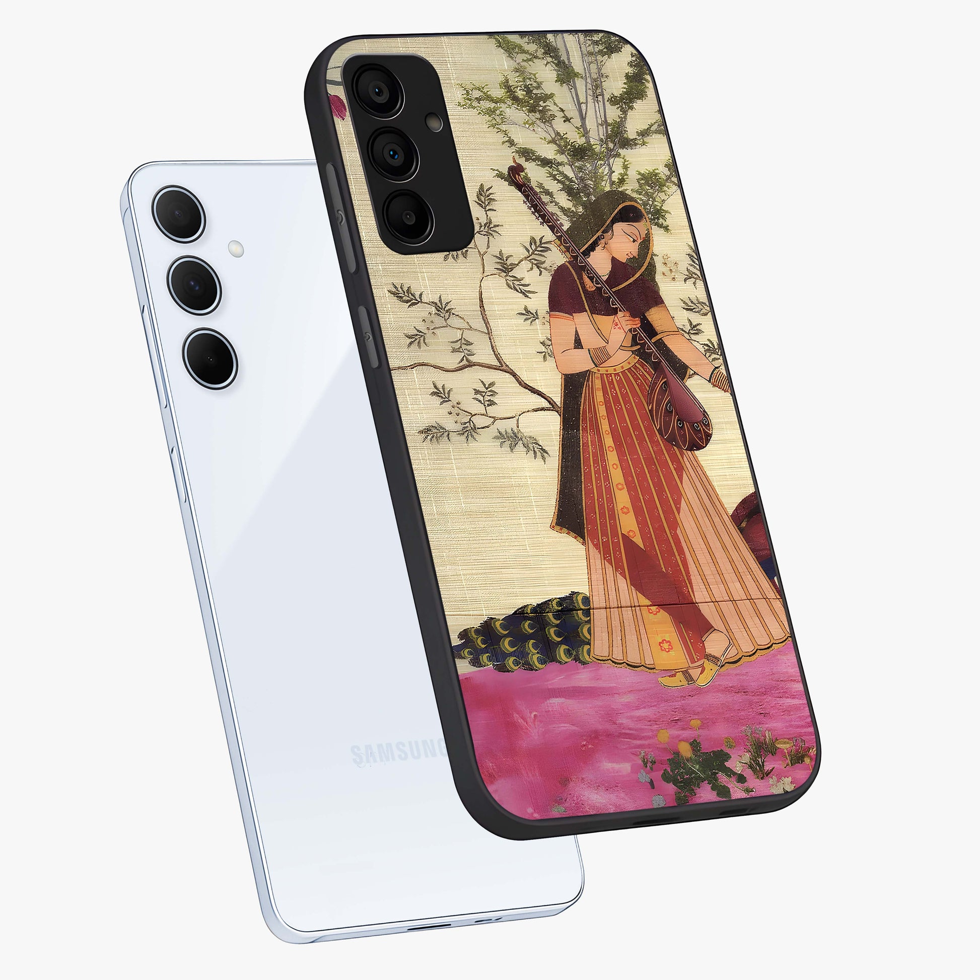 Lady With Veena Art Glass Case displayed in angled mockup highlighting graceful musical illustration with cultural artistic aesthetic.