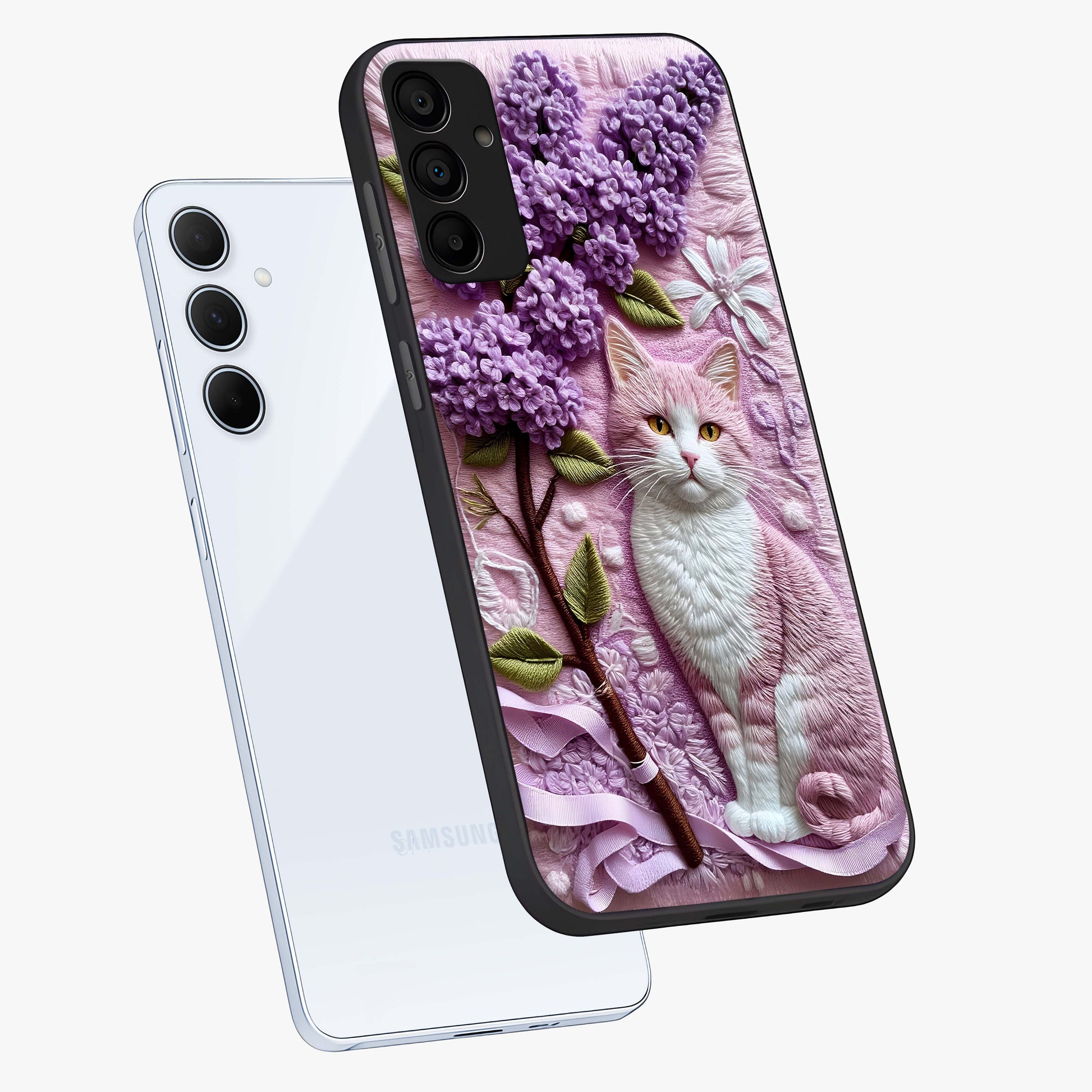 Lavender Cat Whimsy Glass Case displayed in angled mockup highlighting playful feline illustration with pastel lavender aesthetic.