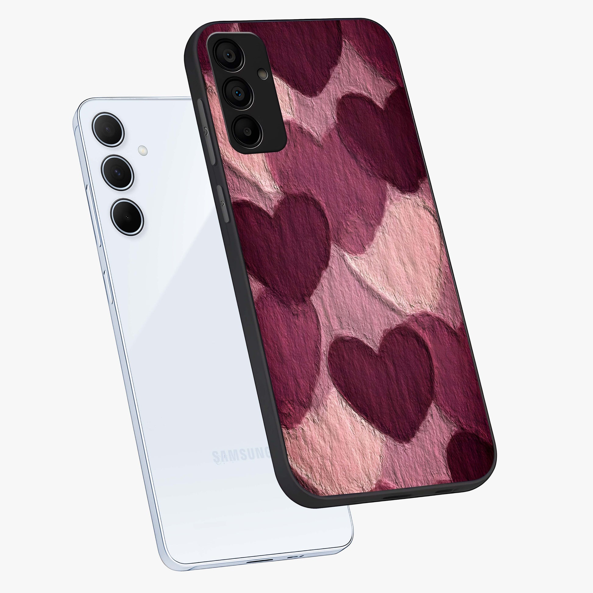 Layered Paper Hearts Glass Case displayed in angled mockup highlighting creative paper craft heart design with romantic aesthetic.