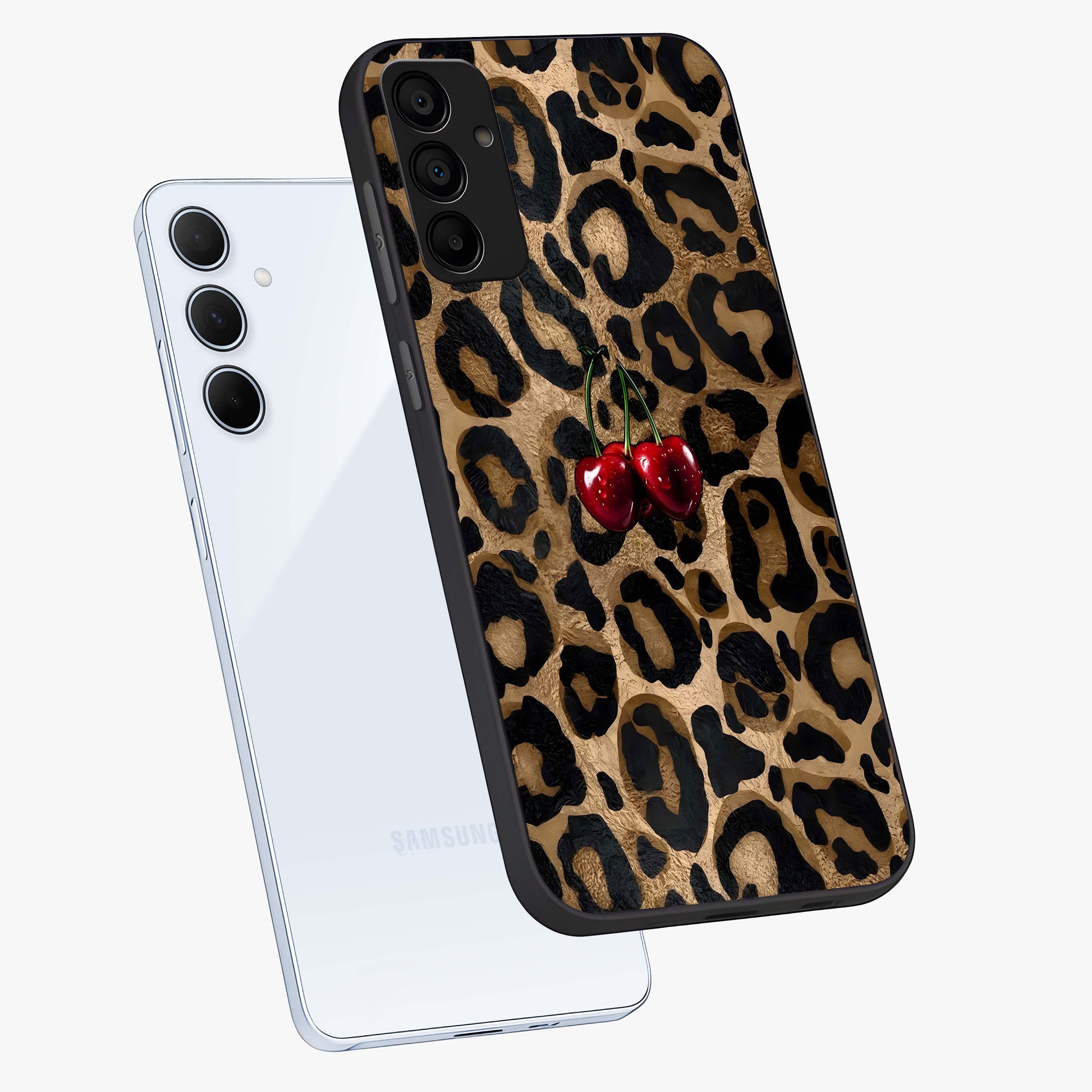 Leopard Wild Cherry Glass Case displayed in angled mockup highlighting bold animal print design with playful cherry aesthetic.