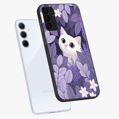 Lilac Hide Peek Cat Glass Case displayed in angled mockup highlighting playful feline illustration with lilac aesthetic design.