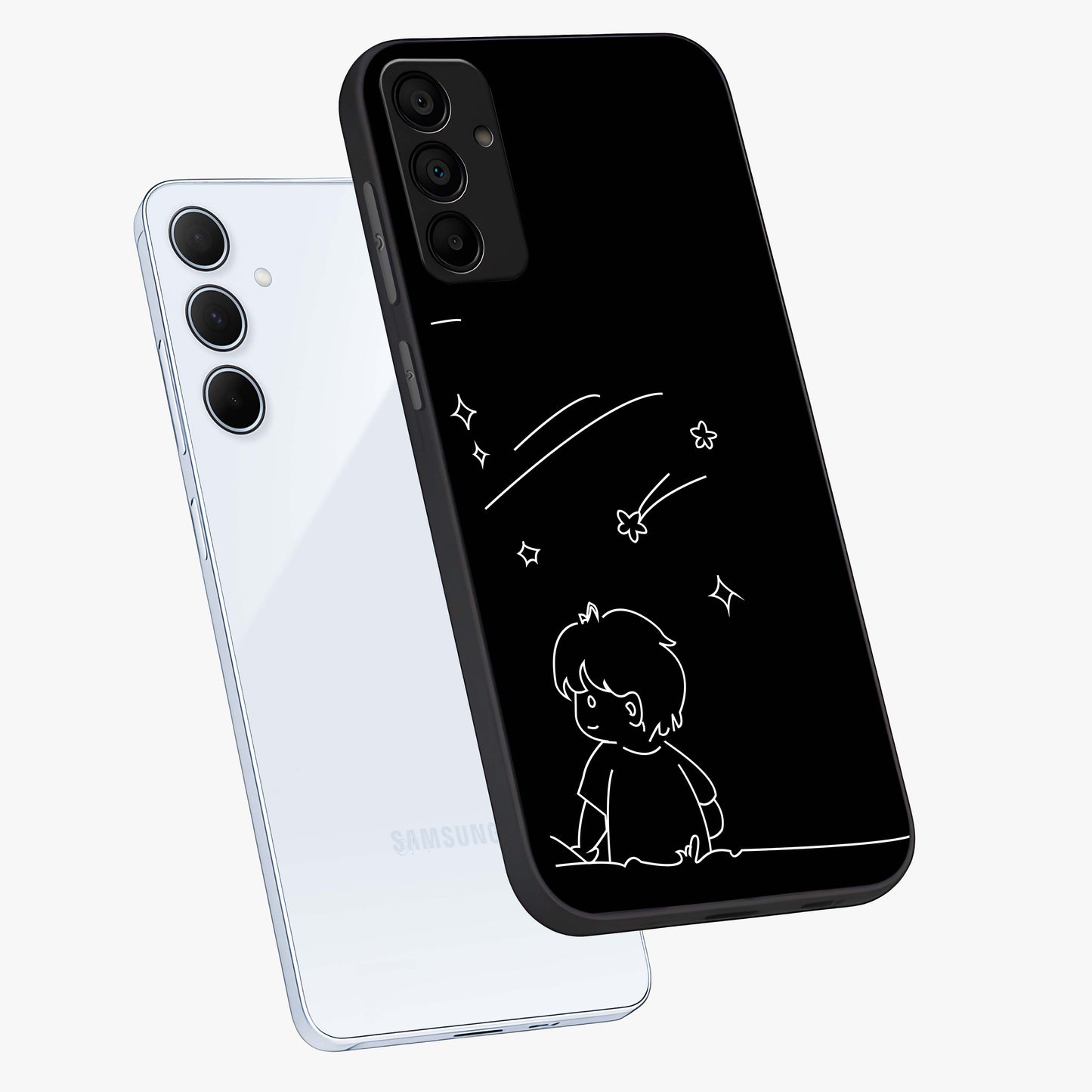 Line Art Boy With Shooting Stars Glass Case displayed in angled mockup highlighting elegant line art design with dreamy star aesthetic.