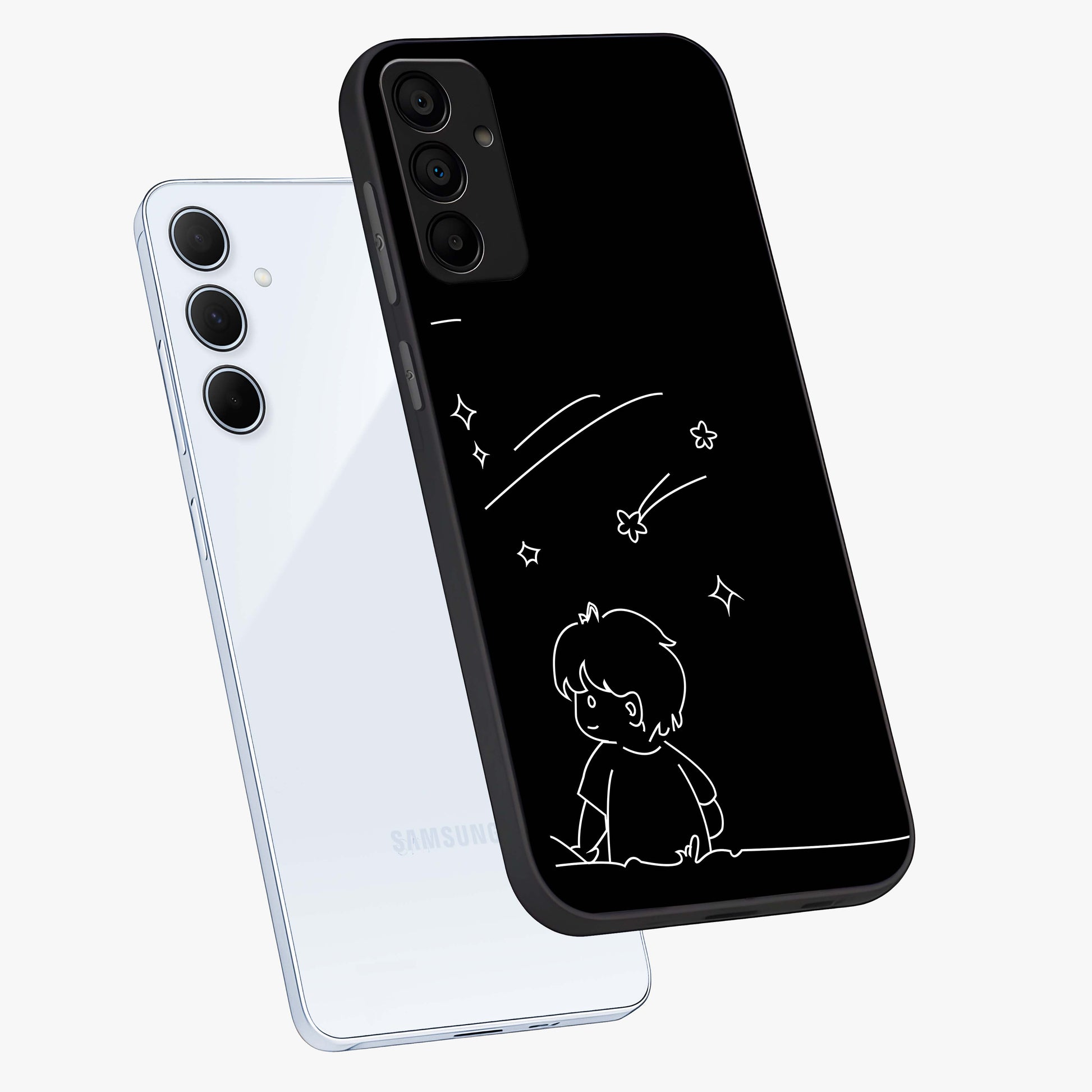 Line Art Boy With Shooting Stars Glass Case displayed in angled mockup highlighting elegant line art design with dreamy star aesthetic.