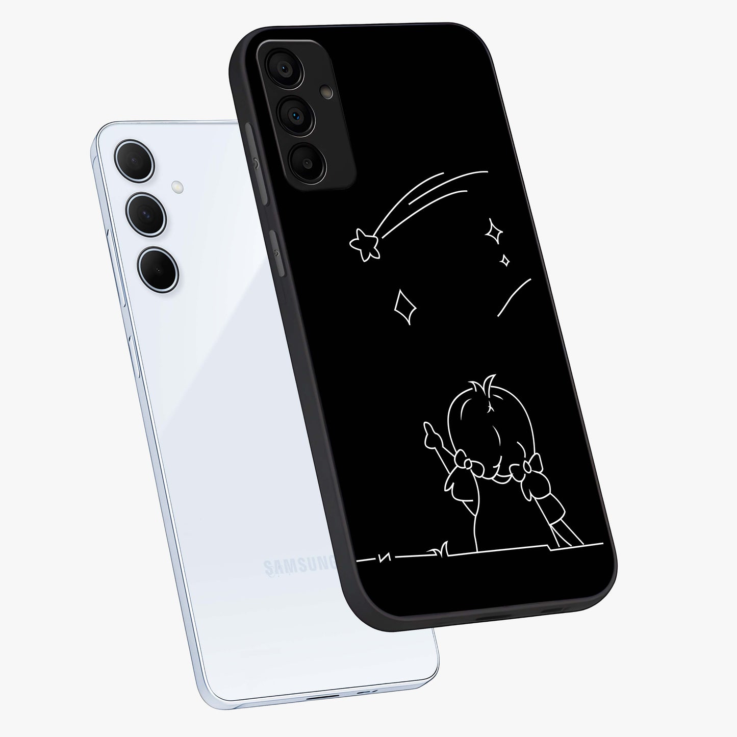 Line Art Girl With Shooting Stars Glass Case displayed in angled mockup highlighting elegant line art design with dreamy star aesthetic.