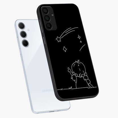 Line Art Girl With Shooting Stars Glass Case displayed in angled mockup highlighting elegant line art design with dreamy star aesthetic.