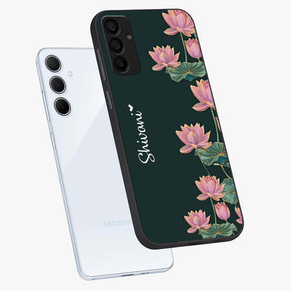 Lotus Bloom Serenity Custom Name Glass Case displayed in angled mockup highlighting graceful lotus illustration with custom name feature.