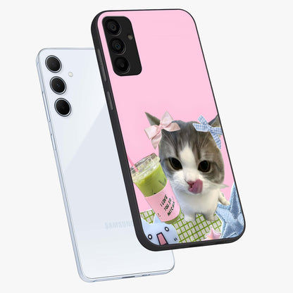 Love Matcha Cat Glass Case displayed in angled mockup highlighting playful feline illustration with cozy matcha aesthetic.