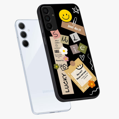 Lucky Aesthetic Collage Glass Case displayed in angled mockup highlighting stylish collage pattern with modern aesthetic vibe.