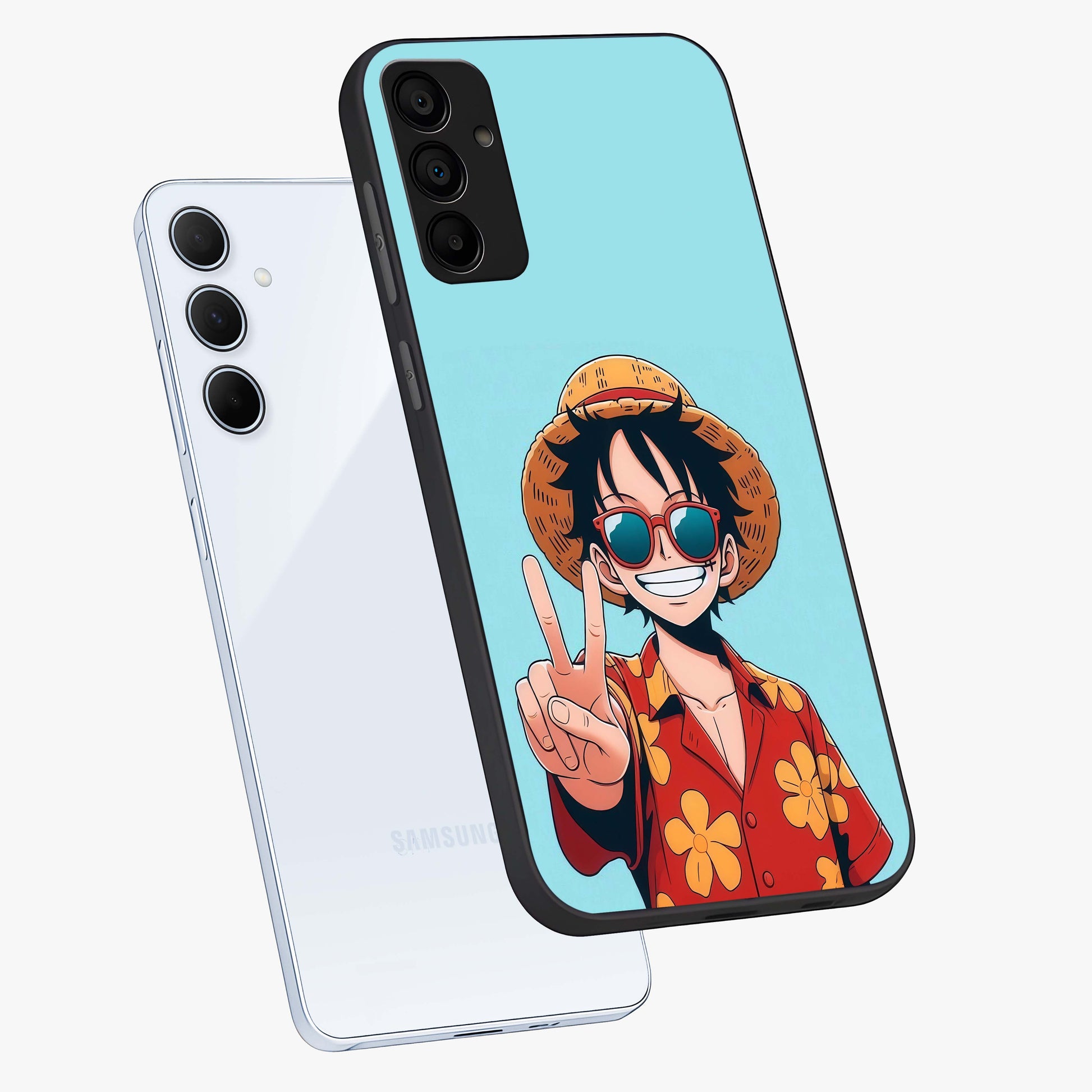Luffy Summer Anime Vibe Glass Case displayed in angled mockup highlighting energetic anime illustration with summer vibe aesthetic.