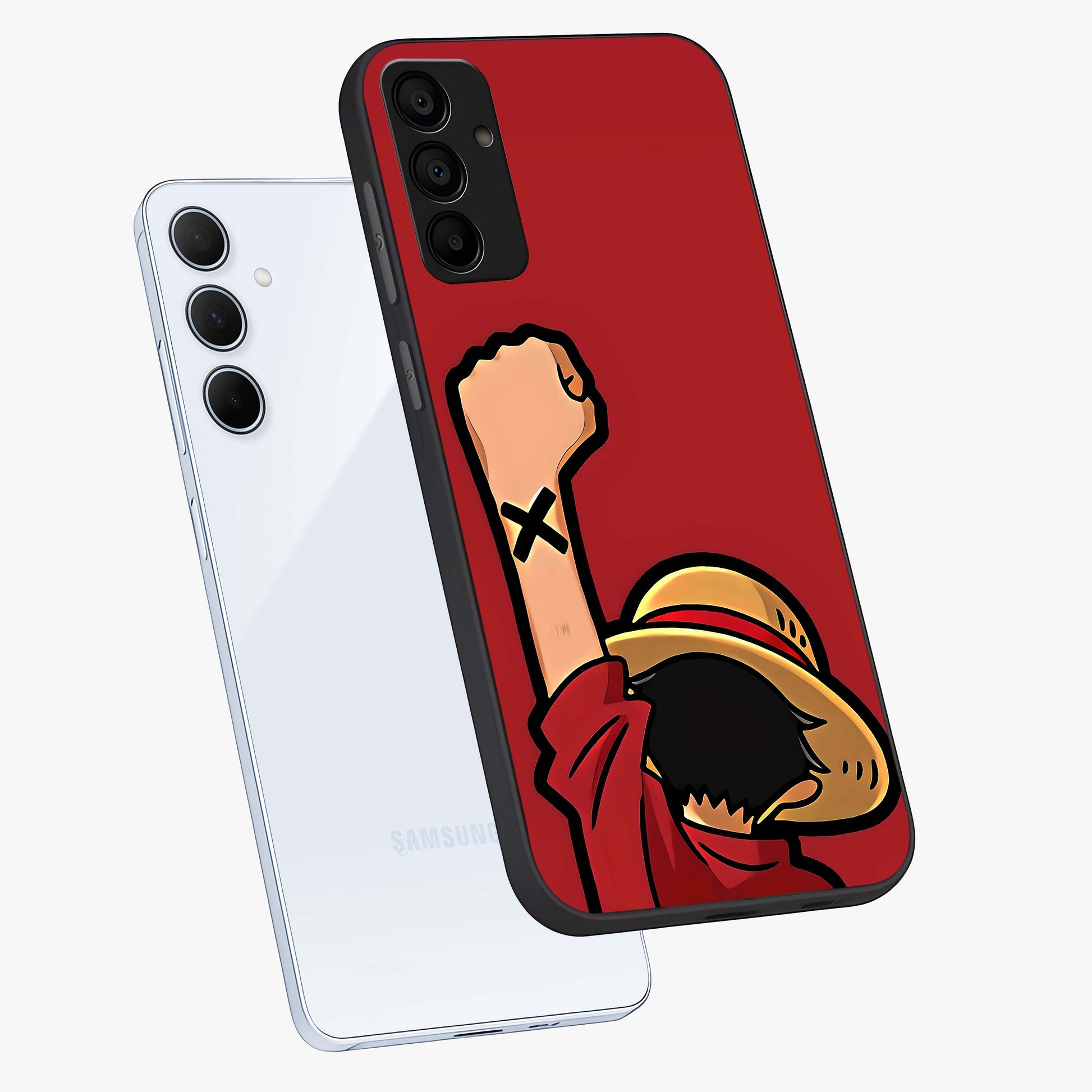 Luffy X Spirit Glass Case displayed in angled mockup highlighting powerful anime design with energetic action aesthetic.