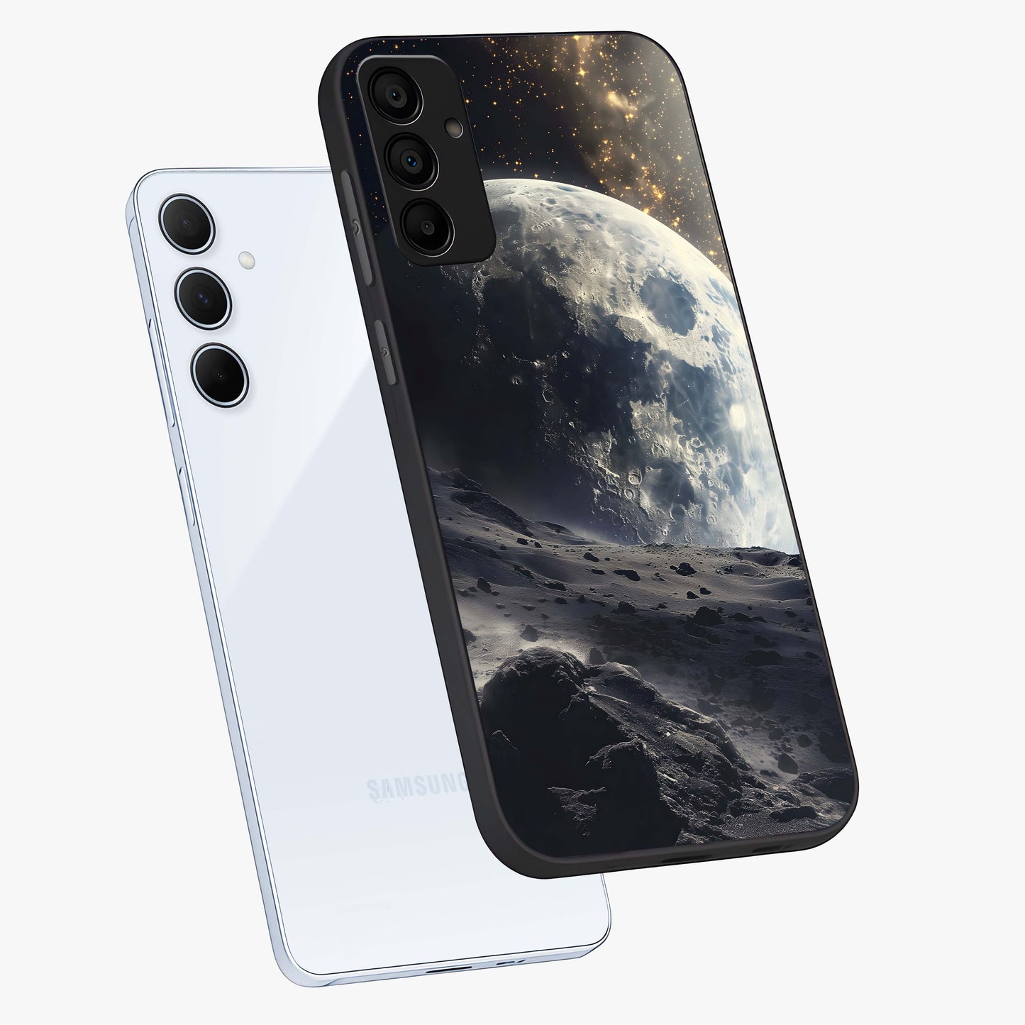 Lunar Horizon Glow Glass Case displayed in angled mockup highlighting celestial moon design with dreamy night aesthetic.