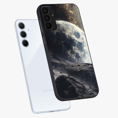 Lunar Horizon Glow Glass Case displayed in angled mockup highlighting celestial moon design with dreamy night aesthetic.
