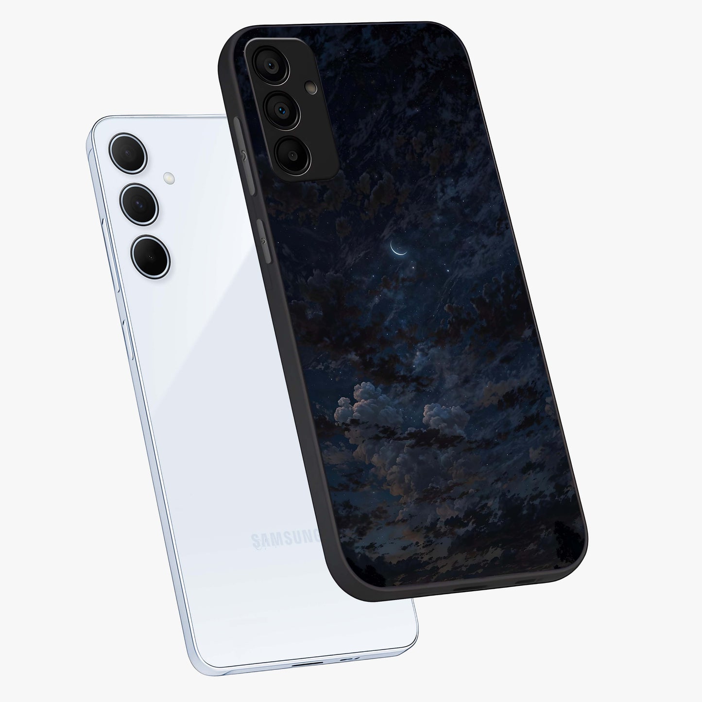 Lunar Veil Silence Glass Case displayed in angled mockup highlighting soft lunar design with peaceful celestial aesthetic.