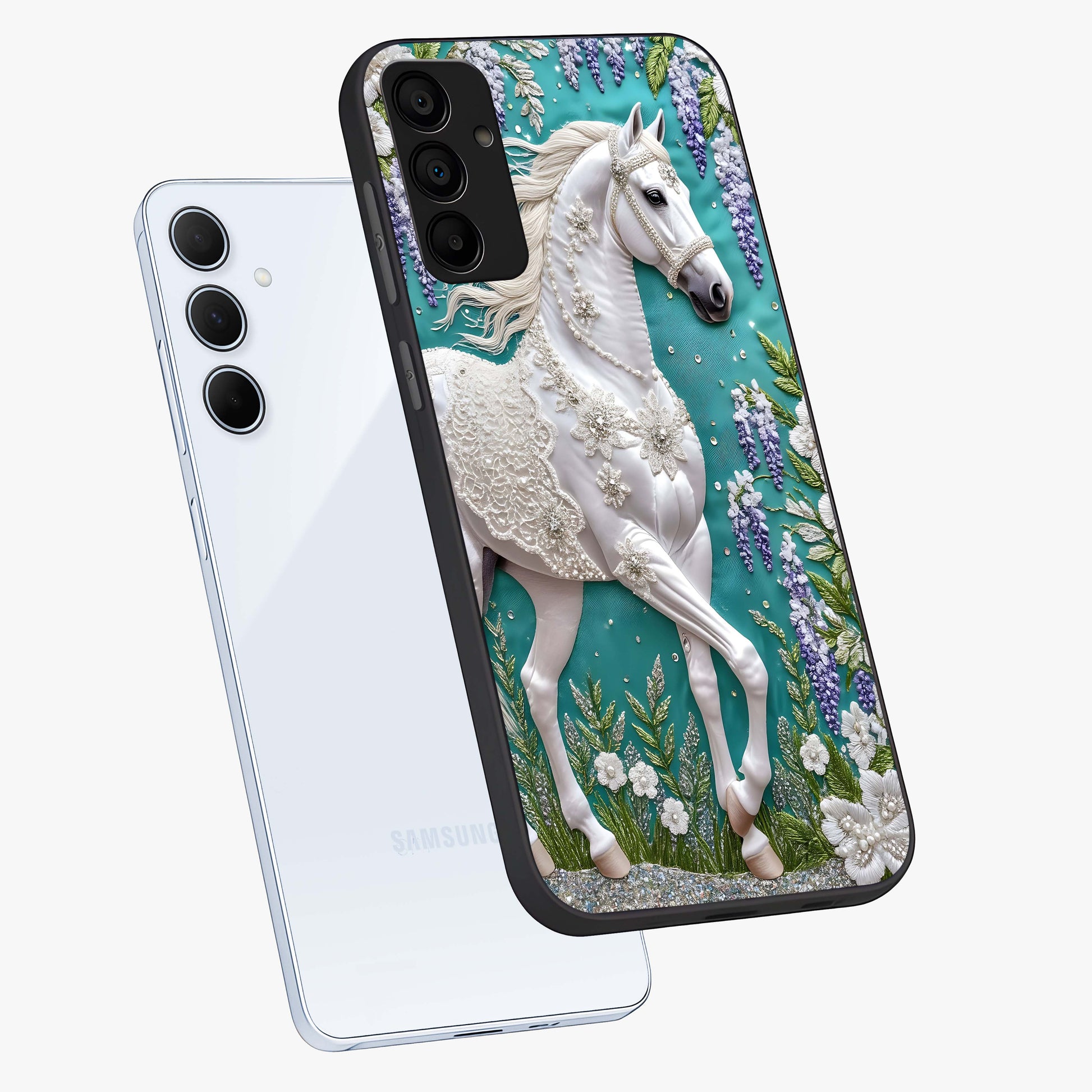 Majestic Floral Stallion Glass Case displayed in angled mockup highlighting majestic stallion illustration with elegant floral aesthetic.