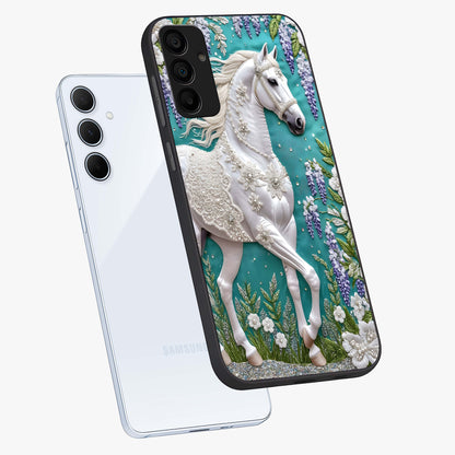 Majestic Floral Stallion Glass Case displayed in angled mockup highlighting majestic stallion illustration with elegant floral aesthetic.