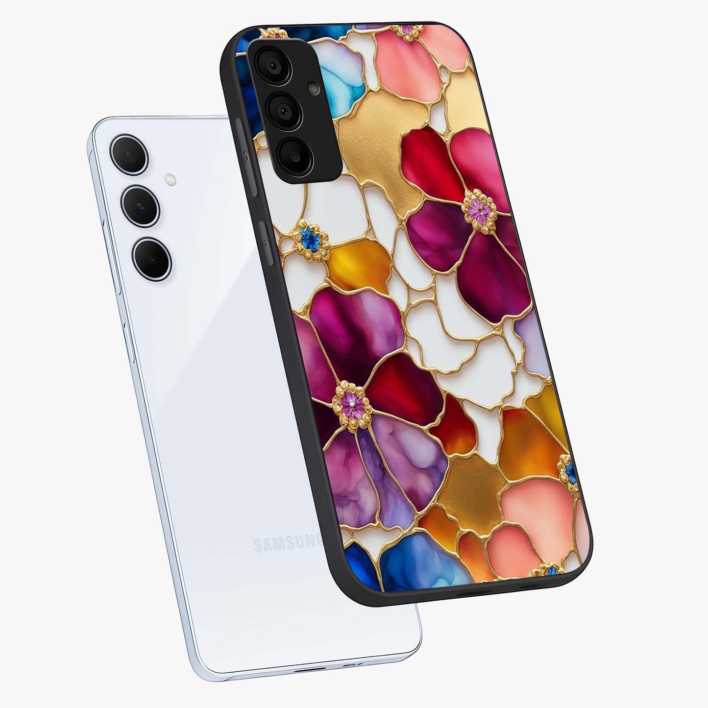Marble Flower Pattern Glass Case displayed in angled mockup highlighting elegant marble floral design with modern aesthetic.