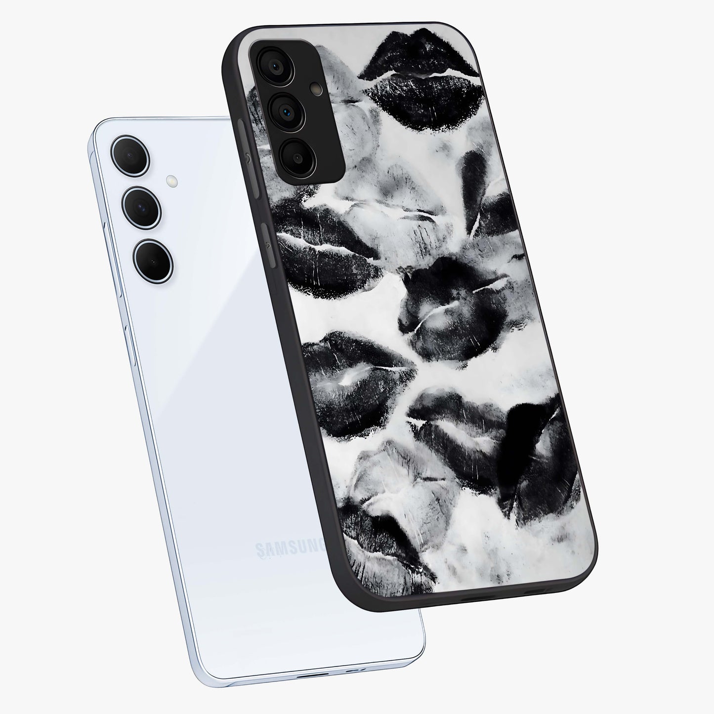 Midnight Kiss Marks Glass Case displayed in angled mockup highlighting playful romantic design with bold midnight aesthetic.