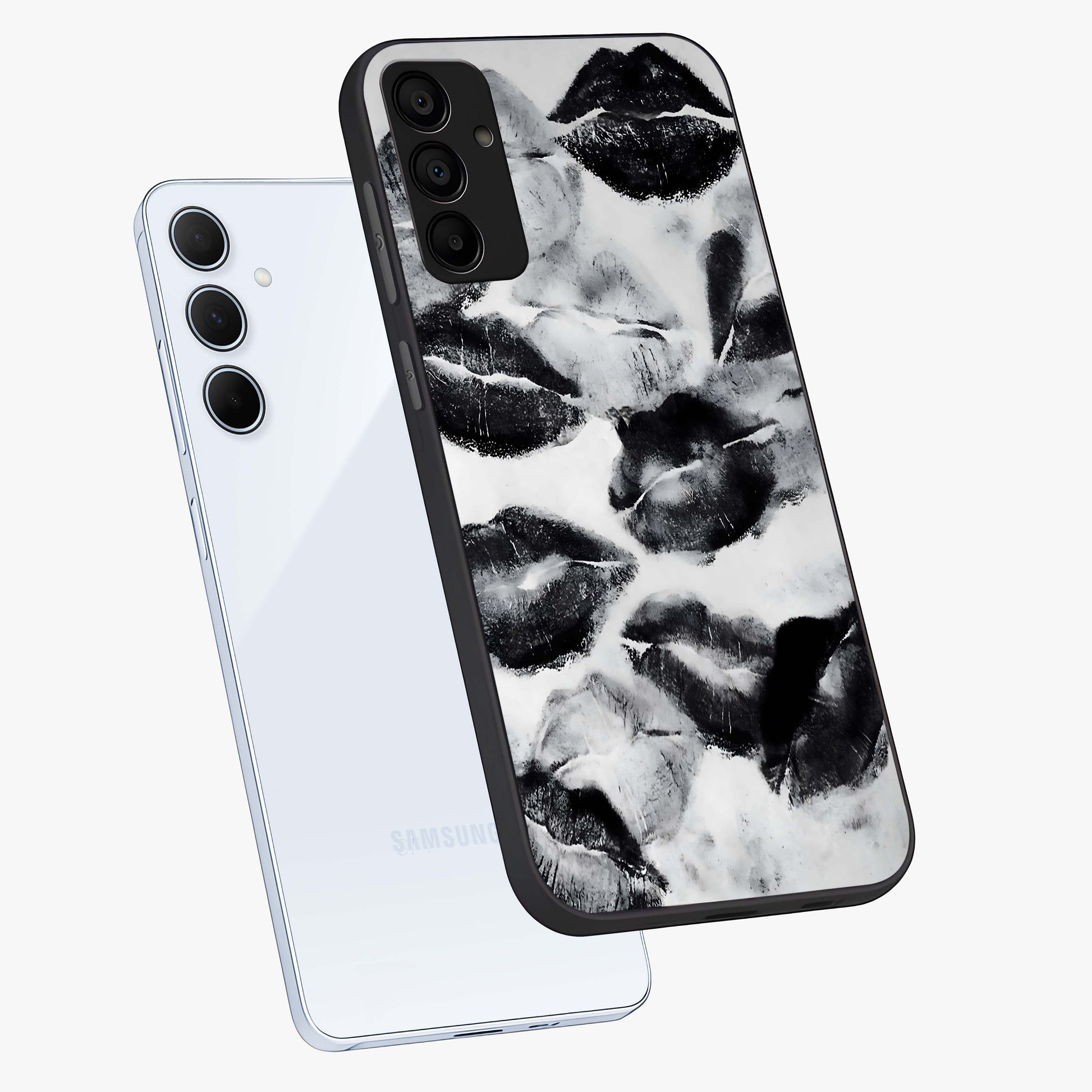 Midnight Kiss Marks Glass Case displayed in angled mockup highlighting playful romantic design with bold midnight aesthetic.