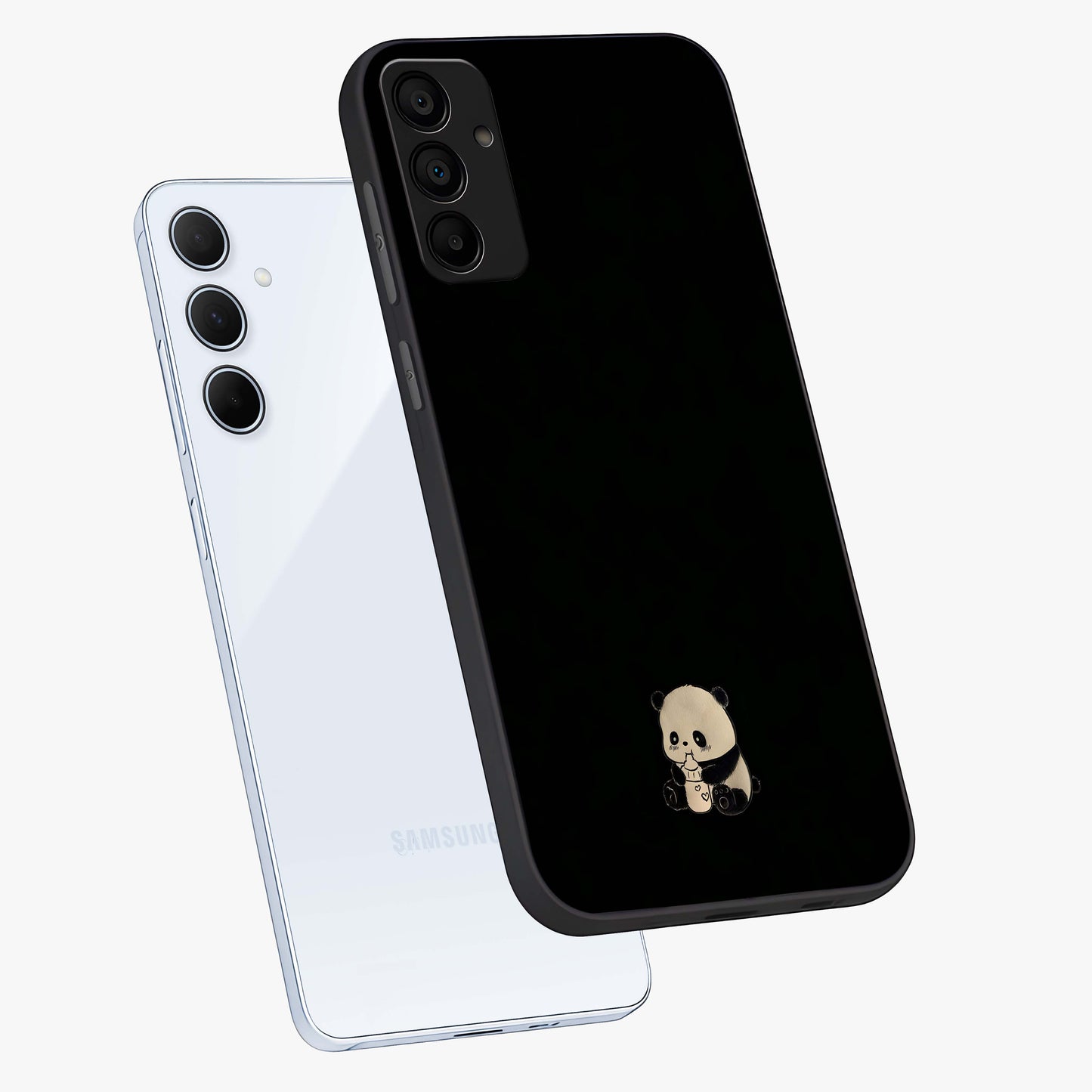 Midnight Panda Love Glass Case displayed in angled mockup highlighting adorable panda illustration with midnight aesthetic.