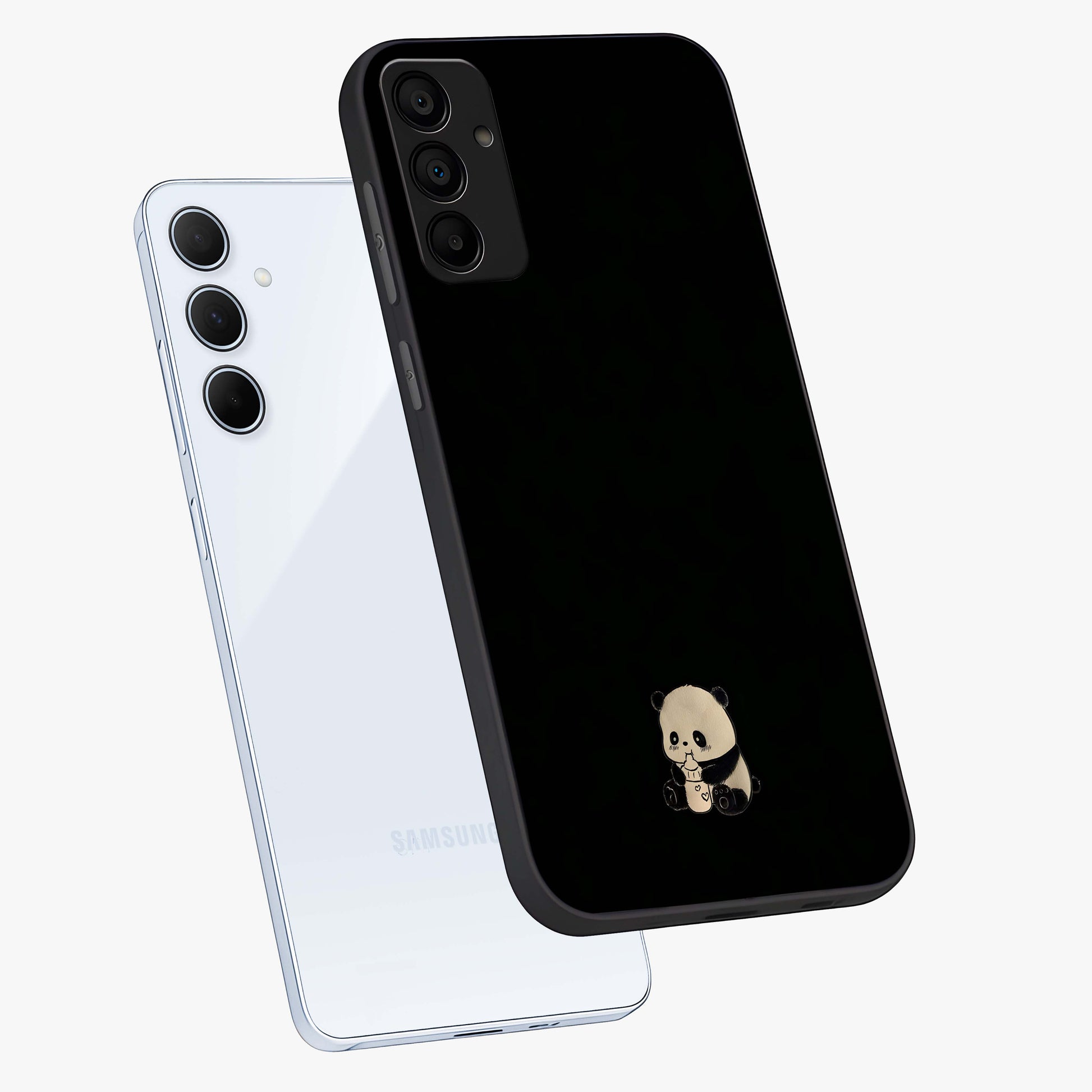 Midnight Panda Love Glass Case displayed in angled mockup highlighting adorable panda illustration with midnight aesthetic.