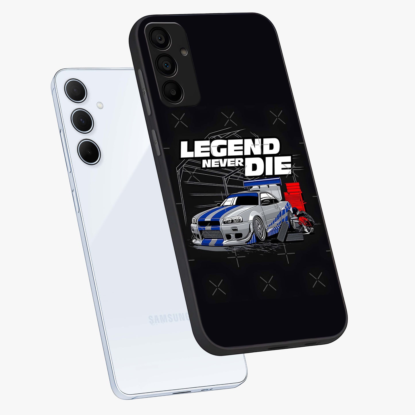 Midnight Racing Legacy Glass Case displayed in angled mockup highlighting dynamic automotive design with bold midnight aesthetic.