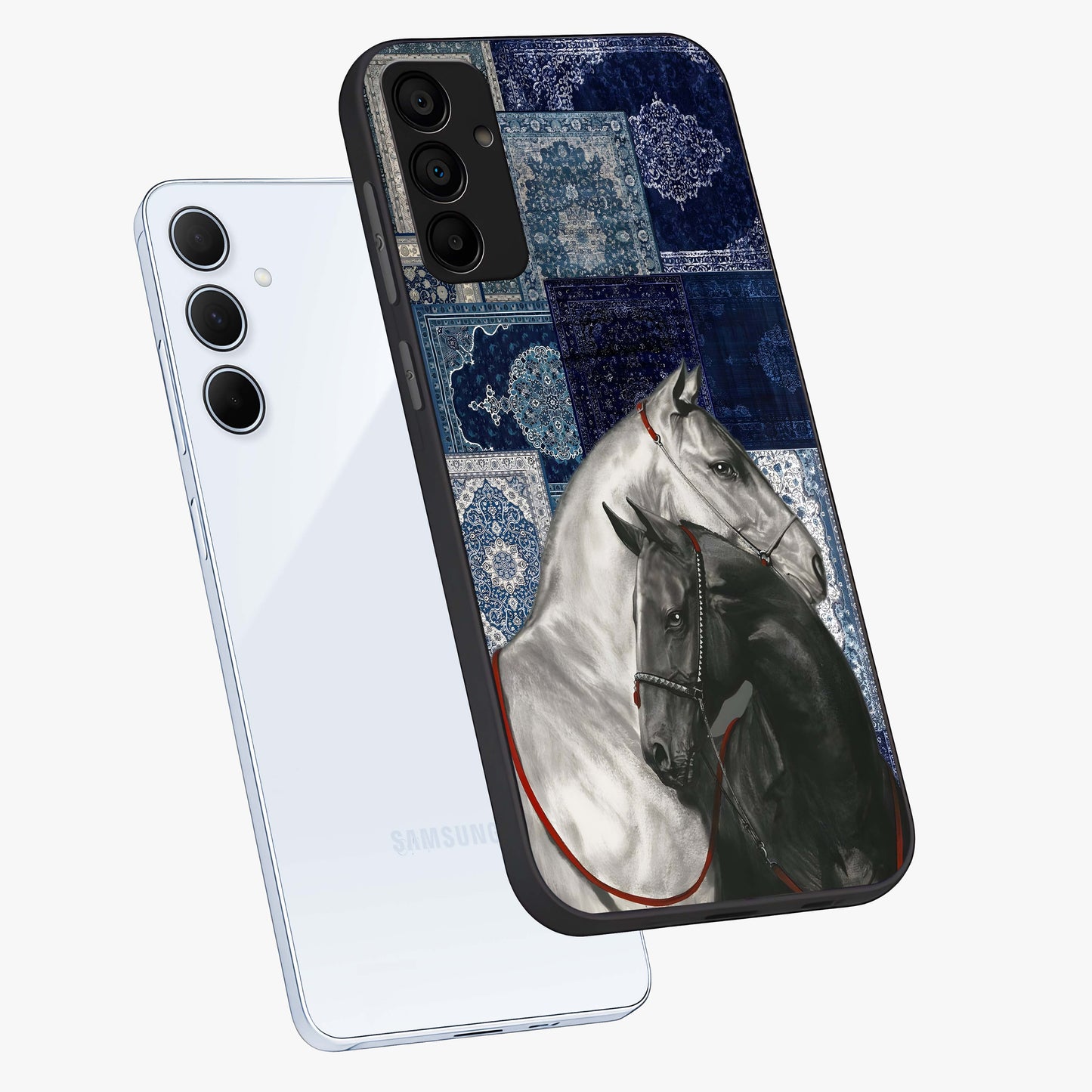 Midnight Stallion Blues Glass Case displayed in angled mockup highlighting powerful stallion illustration with deep midnight tones.