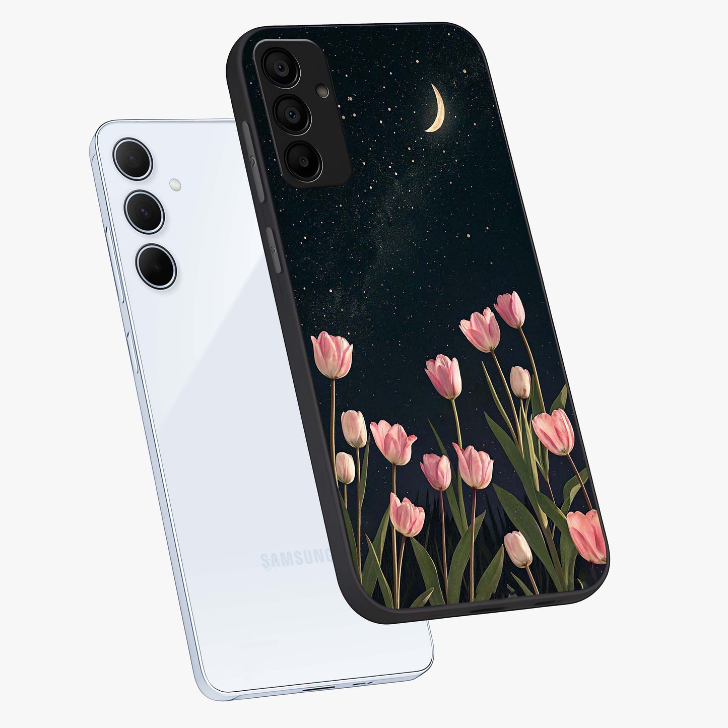 Midnight Tulip Whispers Vibe Glass Case displayed in angled mockup highlighting delicate tulip design with midnight floral aesthetic.