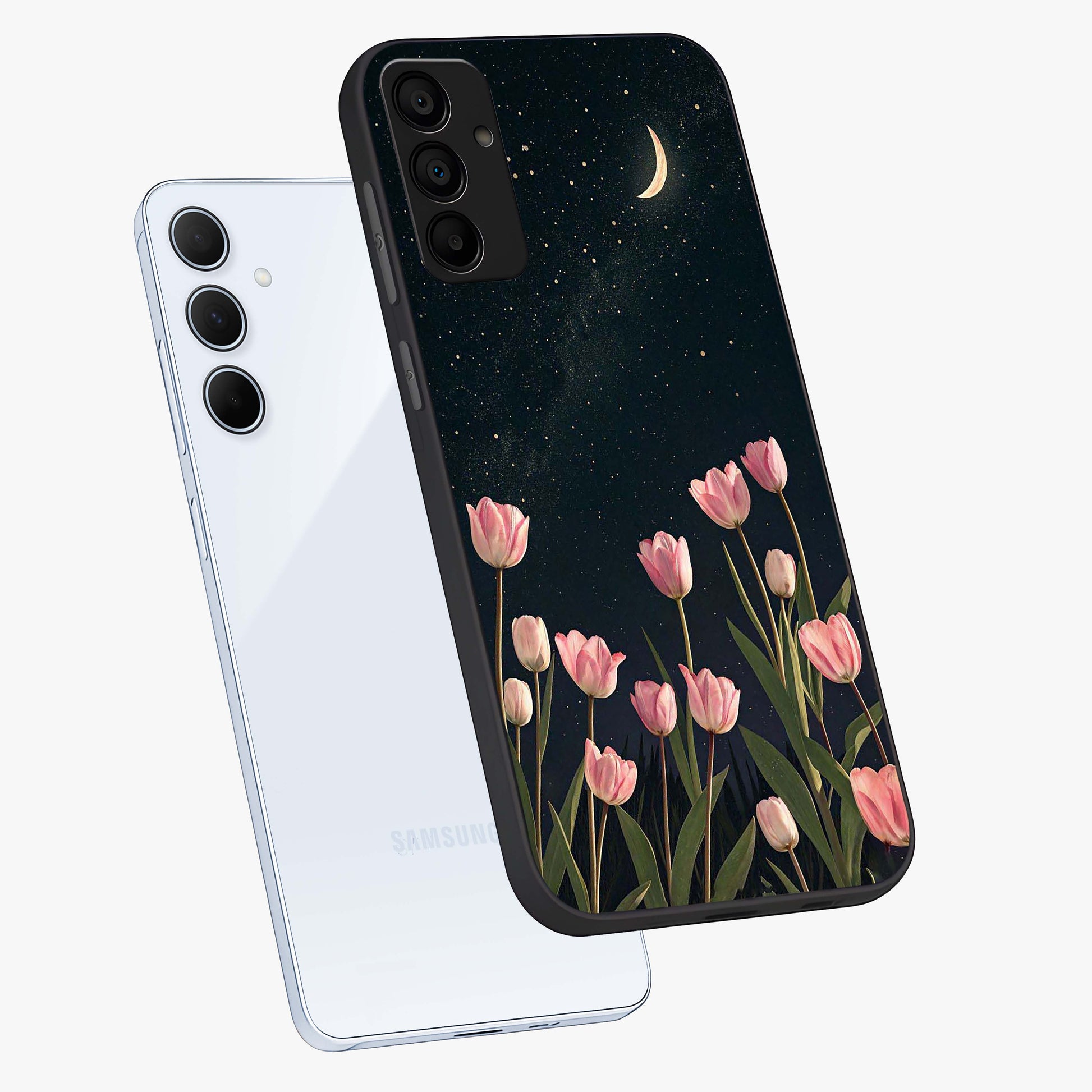 Midnight Tulip Whispers Vibe Glass Case displayed in angled mockup highlighting delicate tulip design with midnight floral aesthetic.