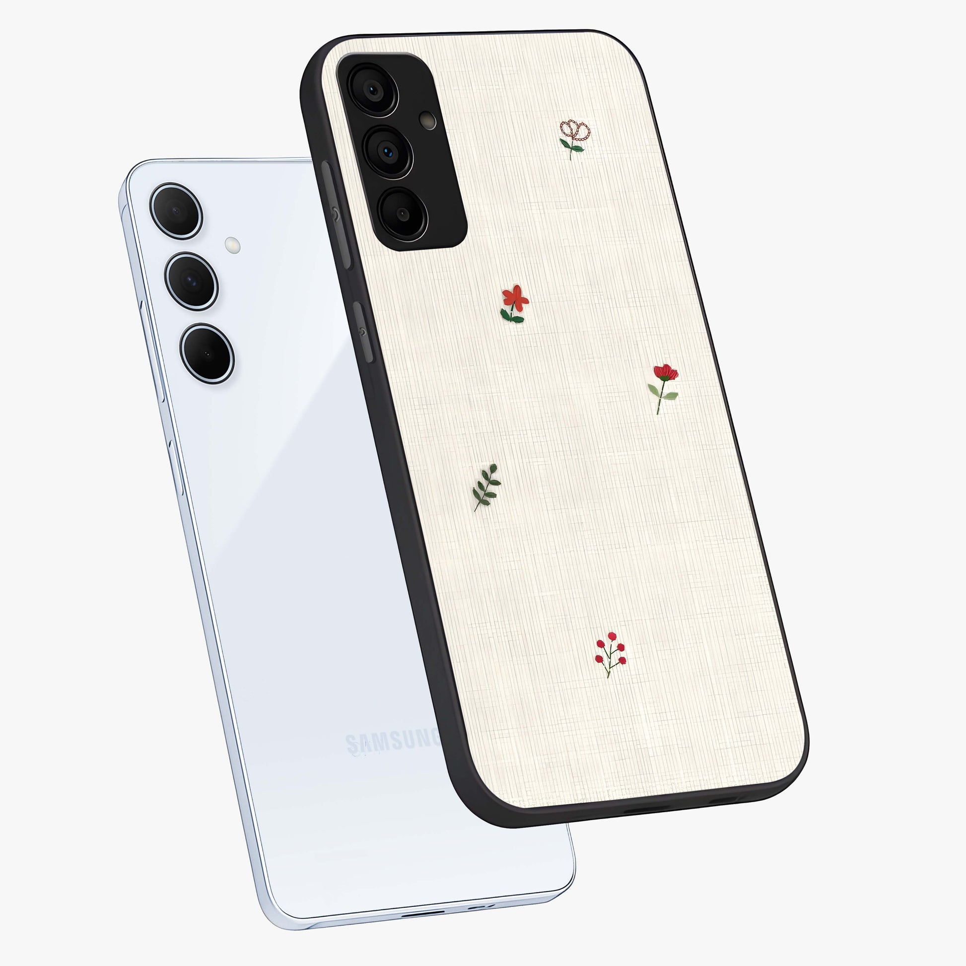 Minimalistic Blue With White Flower Pattern Glass Case displayed in angled mockup highlighting simple floral design with minimal aesthetic.