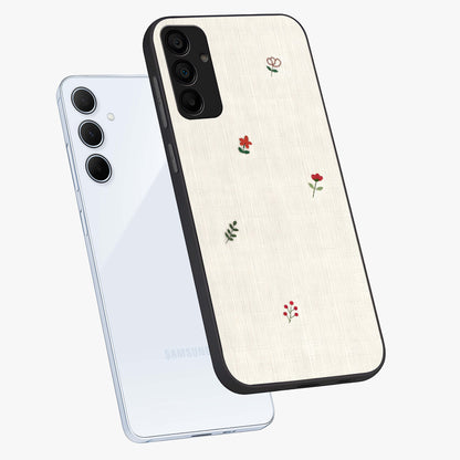 Minimalistic Blue With White Flower Pattern Glass Case displayed in angled mockup highlighting simple floral design with minimal aesthetic.