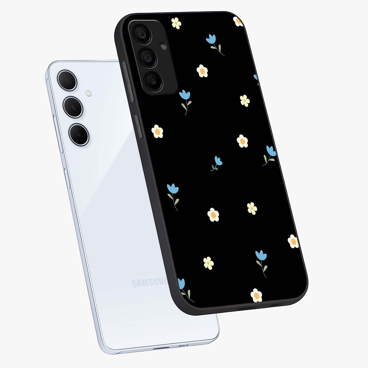 Minimal Petal Whispers Glass Case displayed in angled mockup highlighting delicate petal design with clean minimal aesthetic.