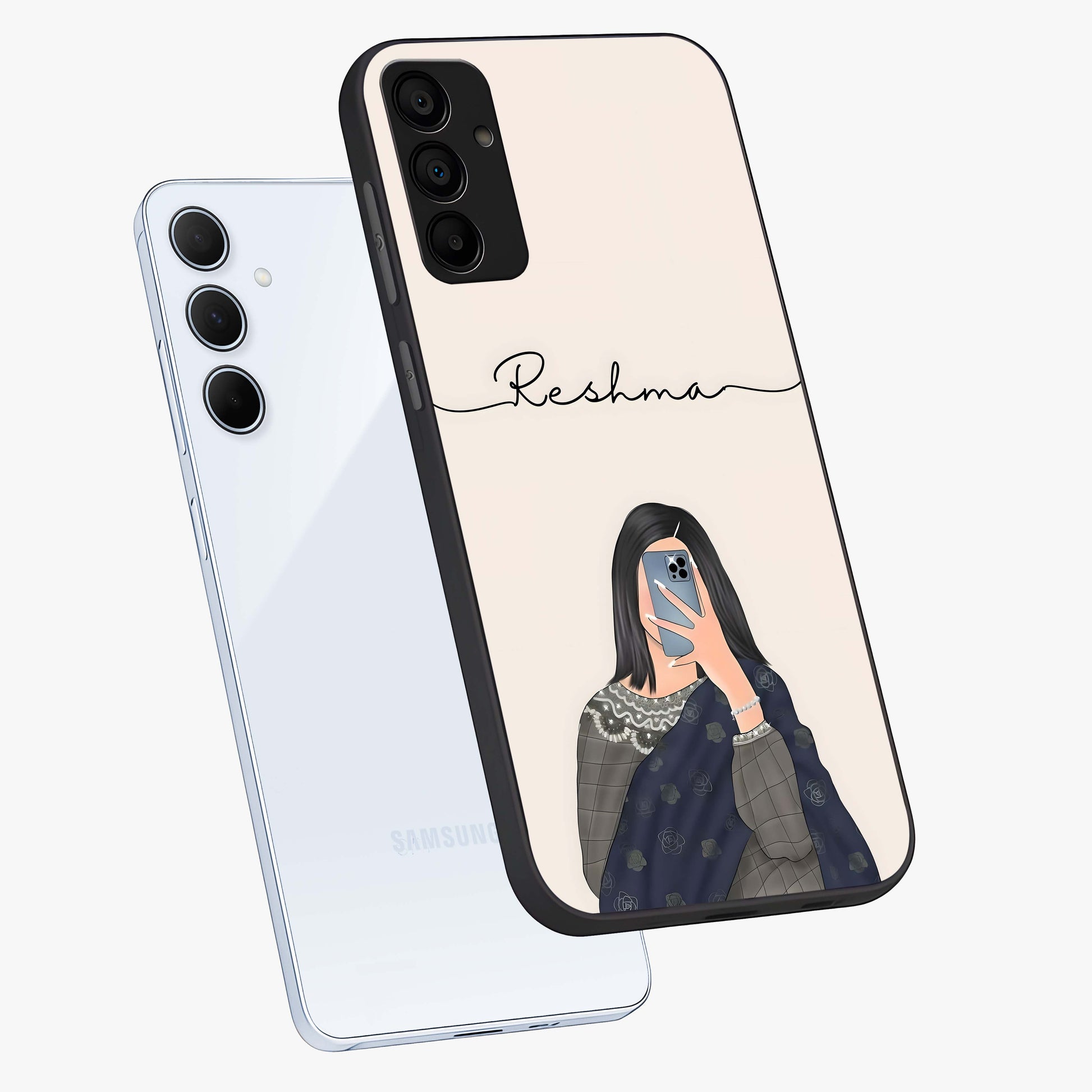 Mirror Mood Muse With Custom Name Glass Case displayed in angled mockup highlighting aesthetic mirror inspired design with custom name feature.