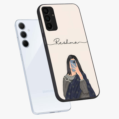 Mirror Mood Muse With Custom Name Glass Case displayed in angled mockup highlighting aesthetic mirror inspired design with custom name feature.