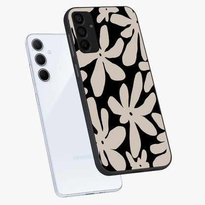 Monochrome Petal Dance Glass Case displayed in angled mockup highlighting elegant petal design with black and white aesthetic.