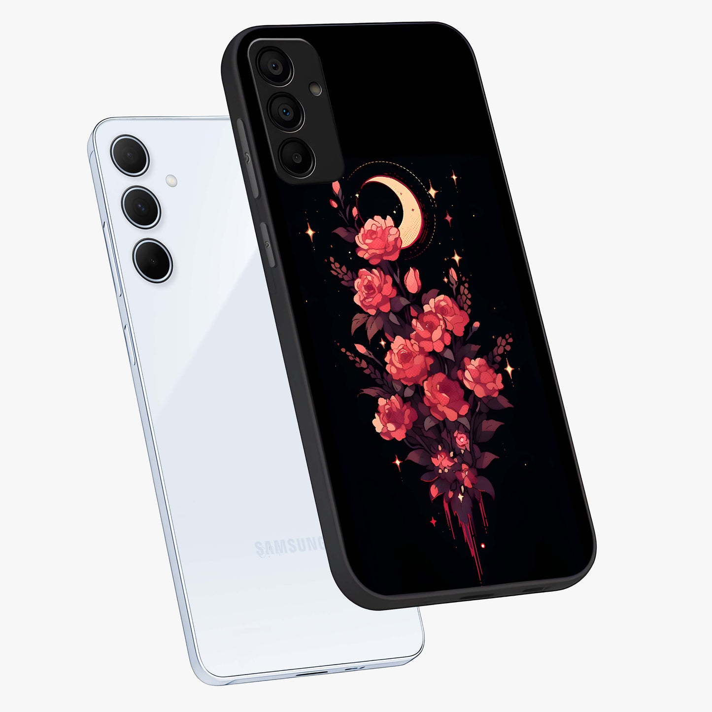 Moonlit Floral Elegance Glass Case displayed in angled mockup highlighting graceful flower design with soft moonlight aesthetic.