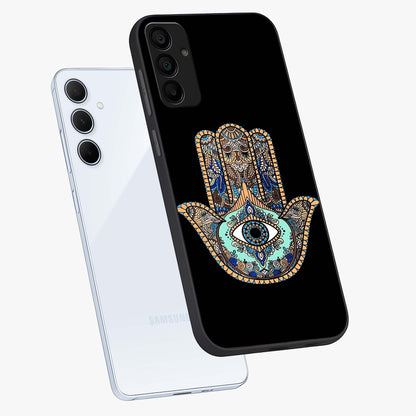 Mystic Hamsa Eye Glass Case displayed in angled mockup highlighting spiritual hamsa symbol with mystical aesthetic style.