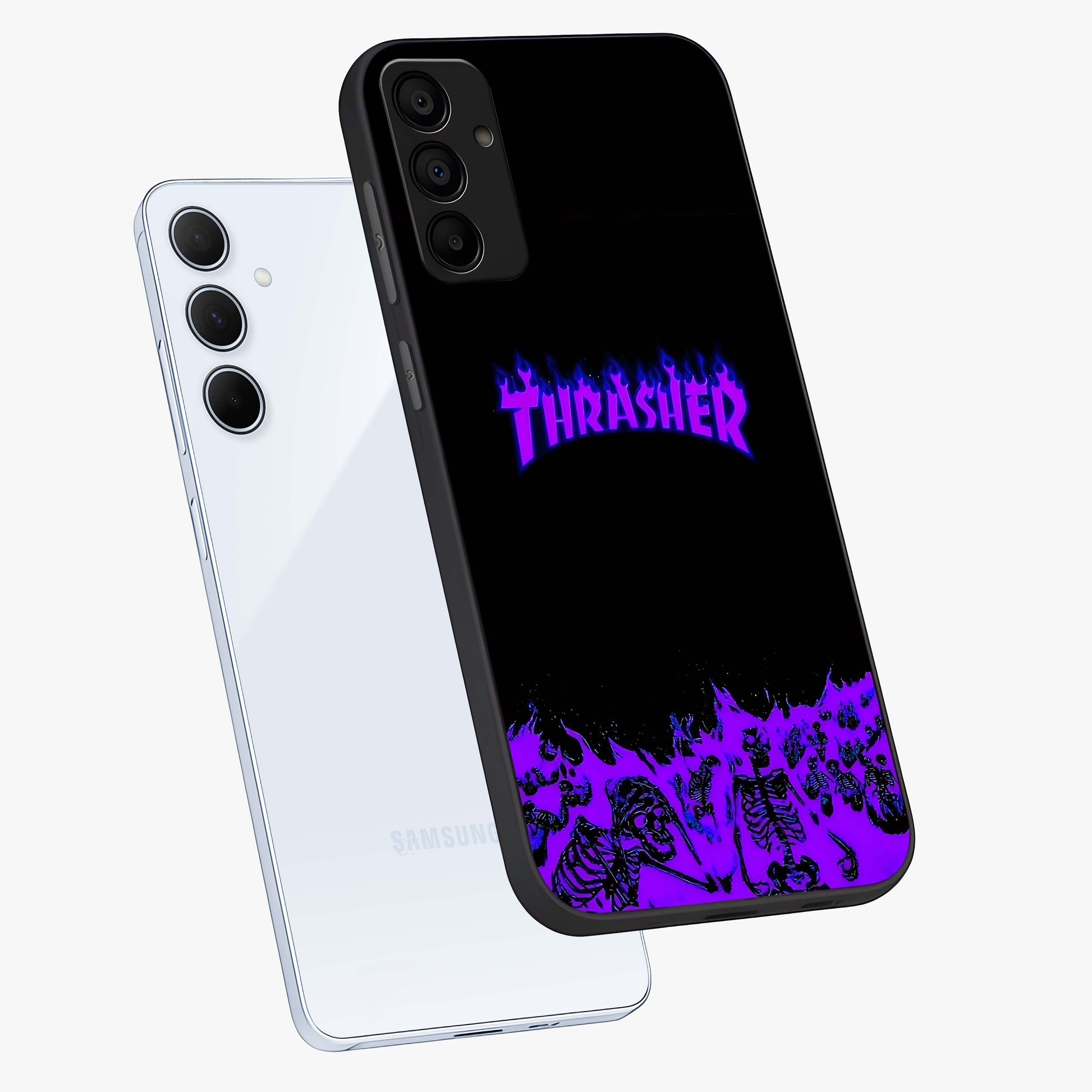Neon Flame Riot Glass Case displayed in angled mockup highlighting glowing flame design with vibrant neon aesthetic.