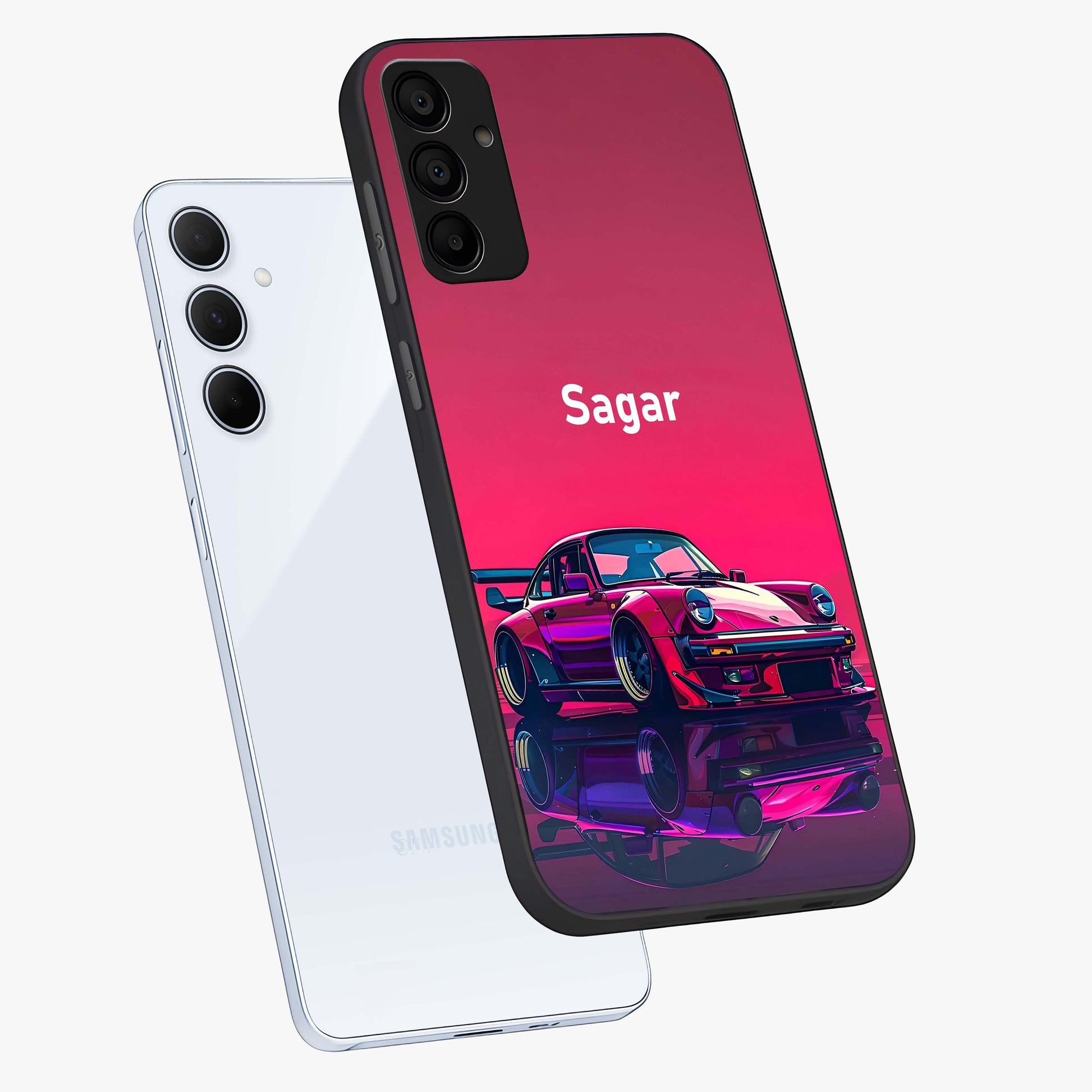 Neon Pink Porsche Glass Case displayed in angled mockup highlighting sleek neon pink car design with racing aesthetic.