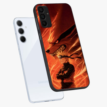 Nine Tails Legacy Glass Case displayed in angled mockup highlighting dynamic anime beast illustration with bold mystical aesthetic.