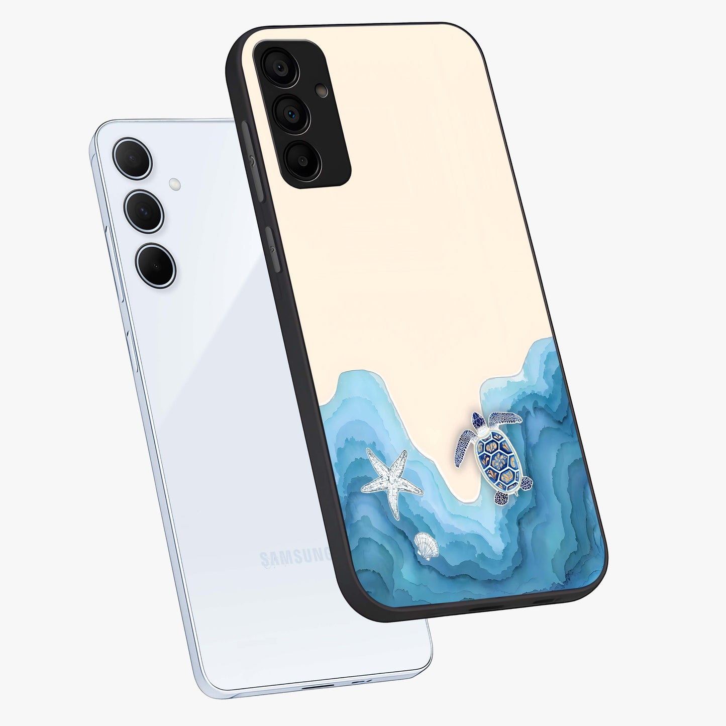 Ocean Drift Turtle Glass Case displayed in angled mockup highlighting peaceful ocean turtle illustration with marine aesthetic.