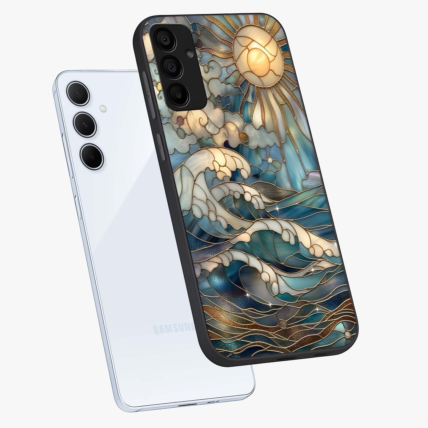 Oceanic Stained Printed Glass Case displayed in angled mockup highlighting colorful aquatic design with artistic aesthetic style.