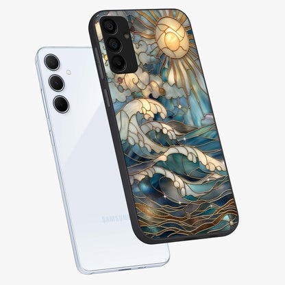 Oceanic Stained Printed Glass Case displayed in angled mockup highlighting colorful aquatic design with artistic aesthetic style.