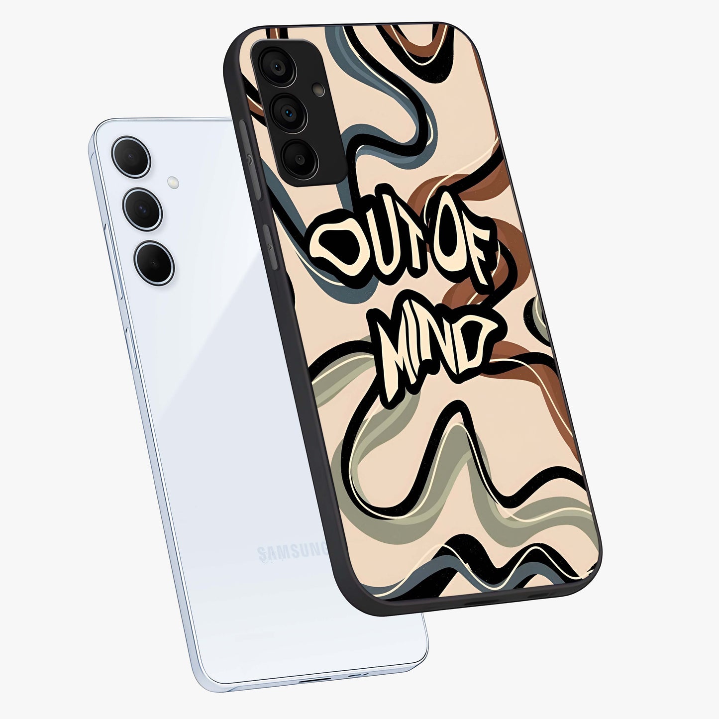 Out Of Mind Glass Case displayed in angled mockup highlighting bold statement design with modern artistic aesthetic.