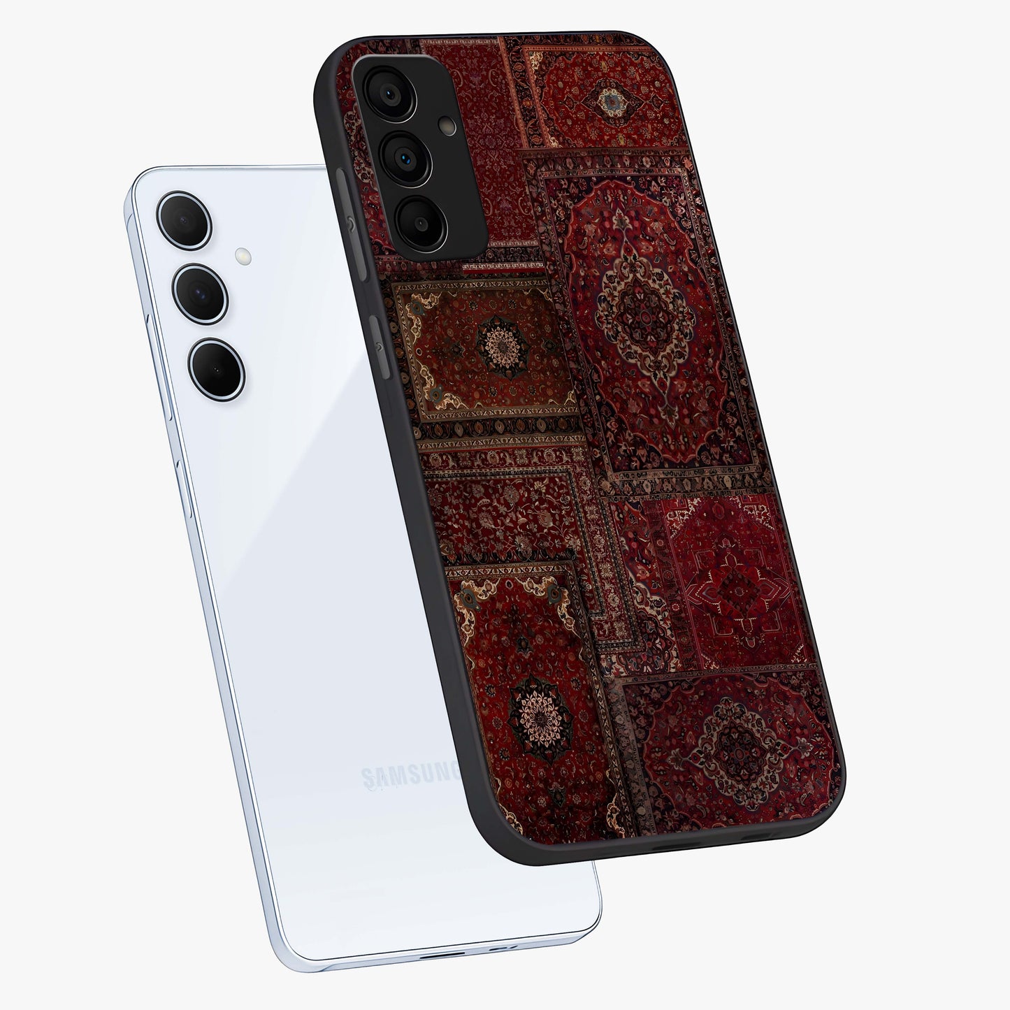Persian Velvet Tale Glass Case displayed in angled mockup highlighting ornate textile inspired design with royal aesthetic.