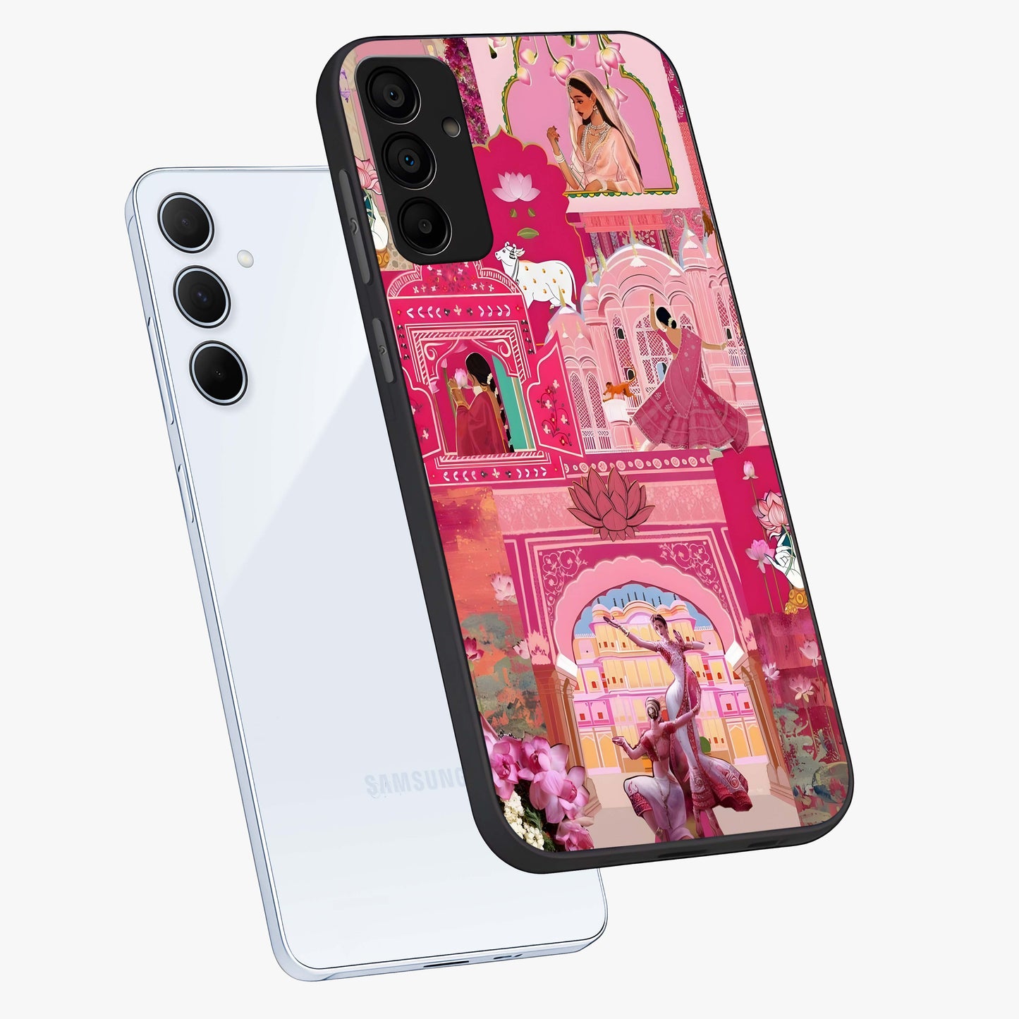 Pink Palace Muse Glass Case displayed in angled mockup highlighting dreamy palace illustration with soft pink aesthetic.