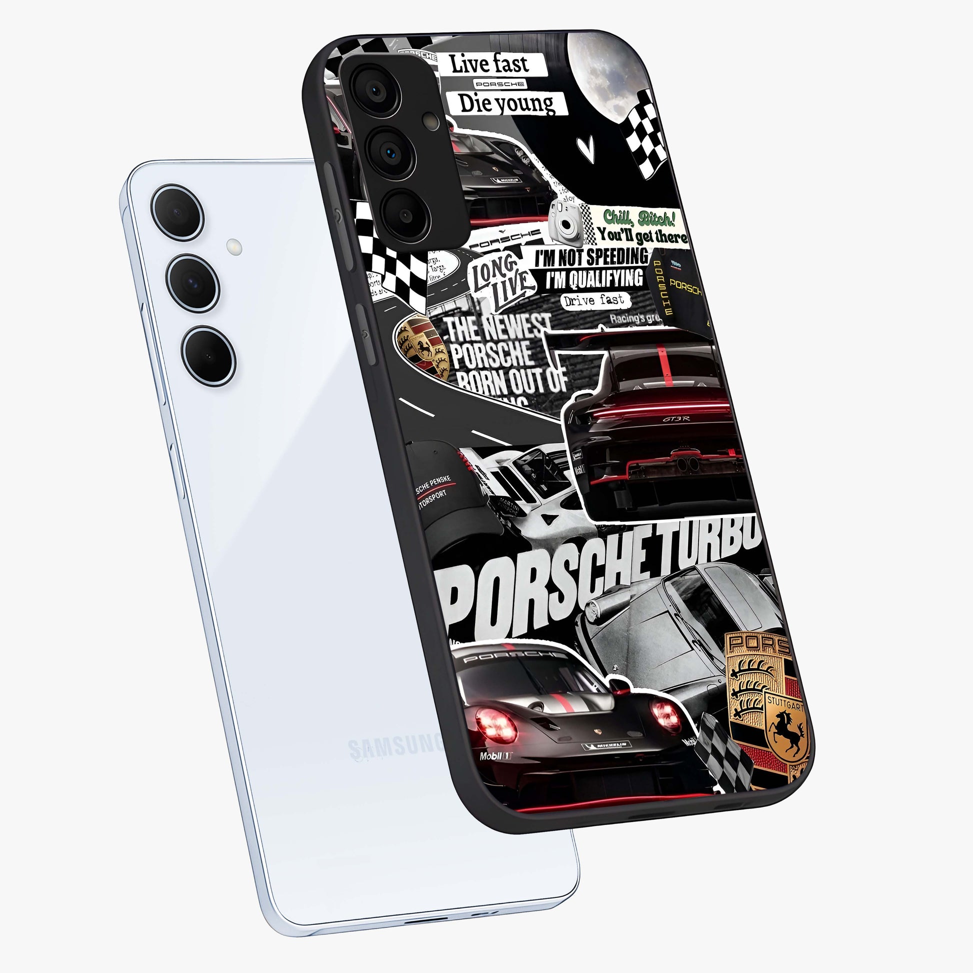 Porsche Racing Collage Glass Case displayed in angled mockup highlighting dynamic automotive design with bold racing aesthetic.
