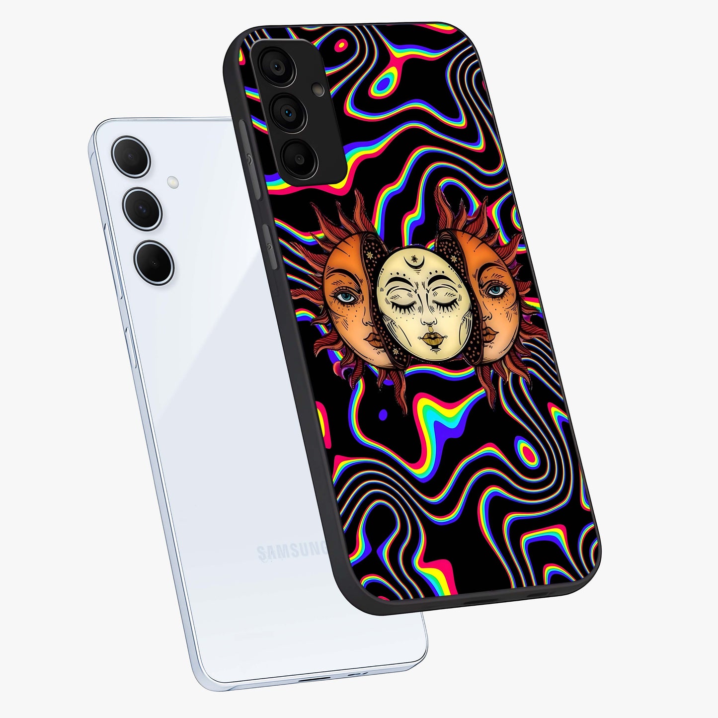 Psychedelic Sun Glass Case displayed in angled mockup highlighting vibrant abstract sun design with artistic aesthetic style.