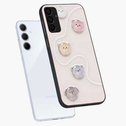 Puffy Face Parade Glass Case displayed in angled mockup highlighting playful cartoon face design with fun aesthetic.